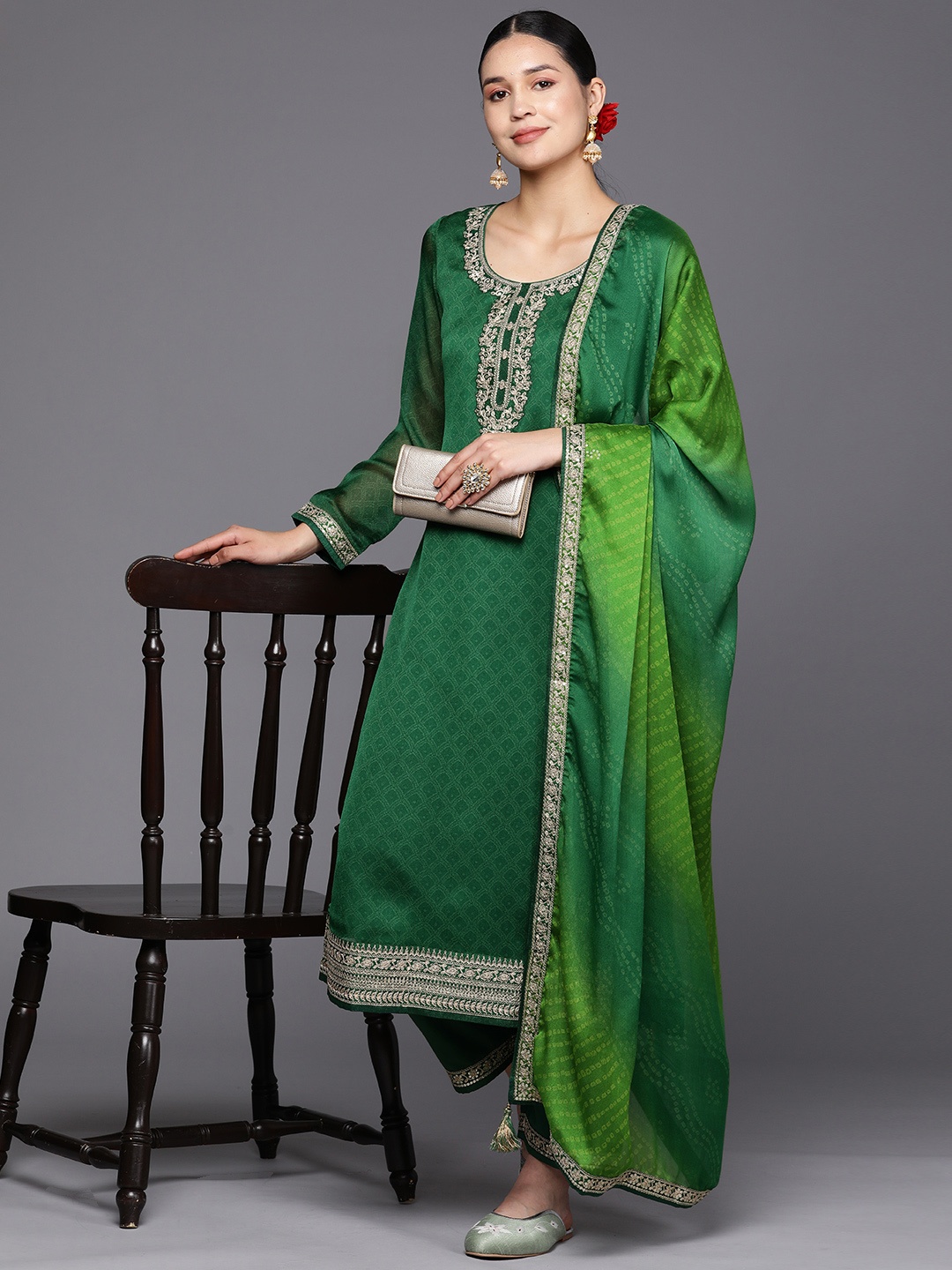 

Libas Women Green Ethnic Motifs Printed Kurta with Trousers & With Dupatta