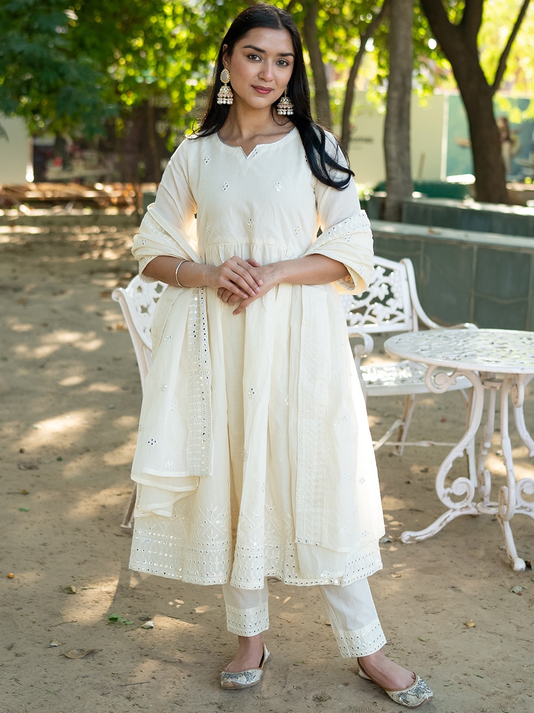 

Libas Women Embroidered Mirror Work Pure Cotton Kurta with Trousers & With Dupatta, Off white