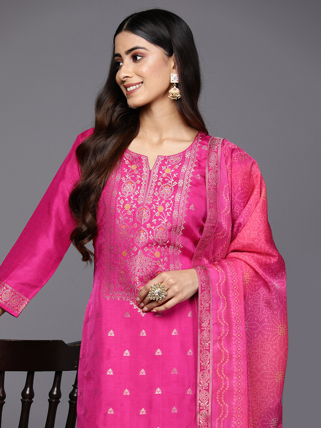 

Libas Women Magenta Floral Kurta with Trousers & With Dupatta