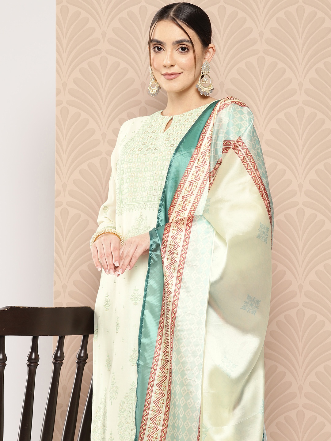 

Libas Women Cream-Coloured Floral Printed Chanderi Silk Kurta with Trousers & With Dupatta