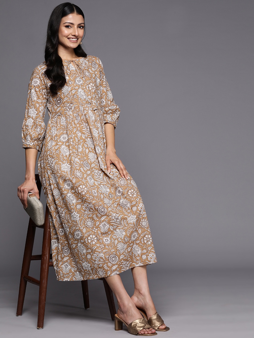 

Libas Floral Tie-Up Neck Midi Ethnic Dress, Camel brown
