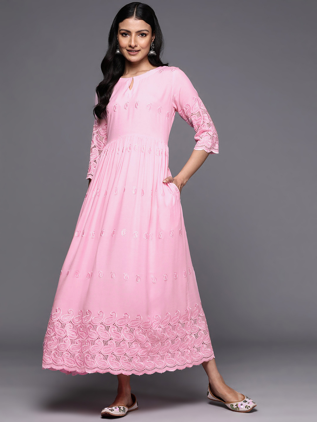 

Libas Ethnic Motifs Embroidered Keyhole Neck Maxi Ethnic Dress, Pink