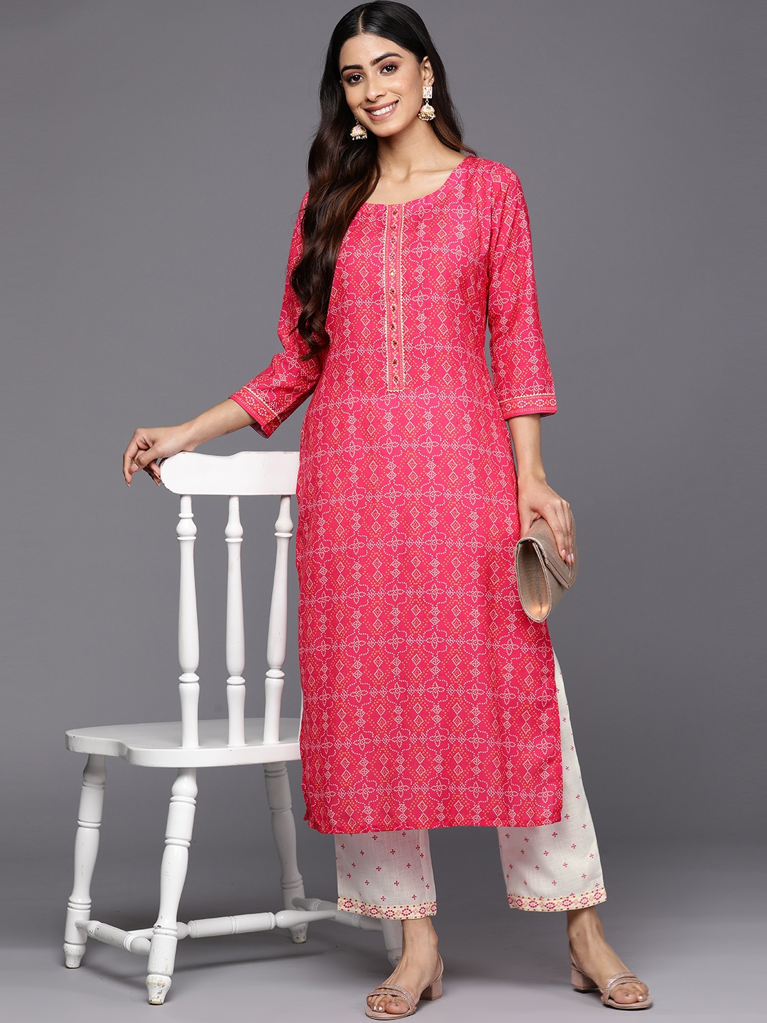 

Libas Women Pink Bandhani Printed Mirror Work Kurta with Trousers