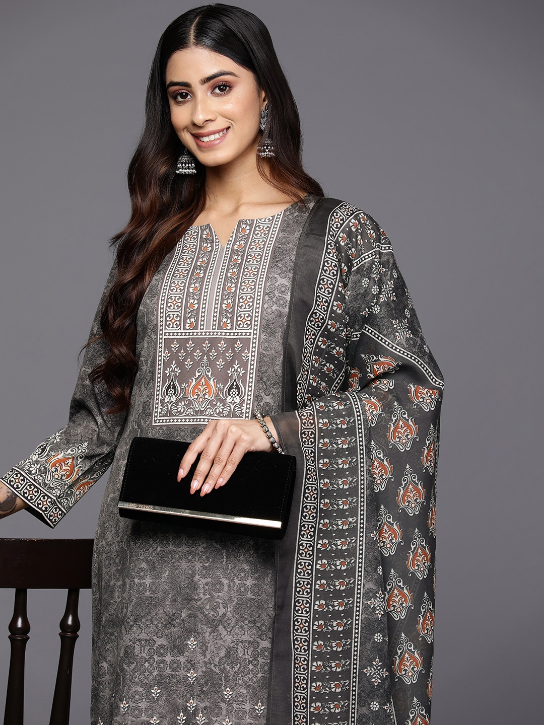 

Libas Floral Printed Kurta With Trousers & With Dupatta, Grey