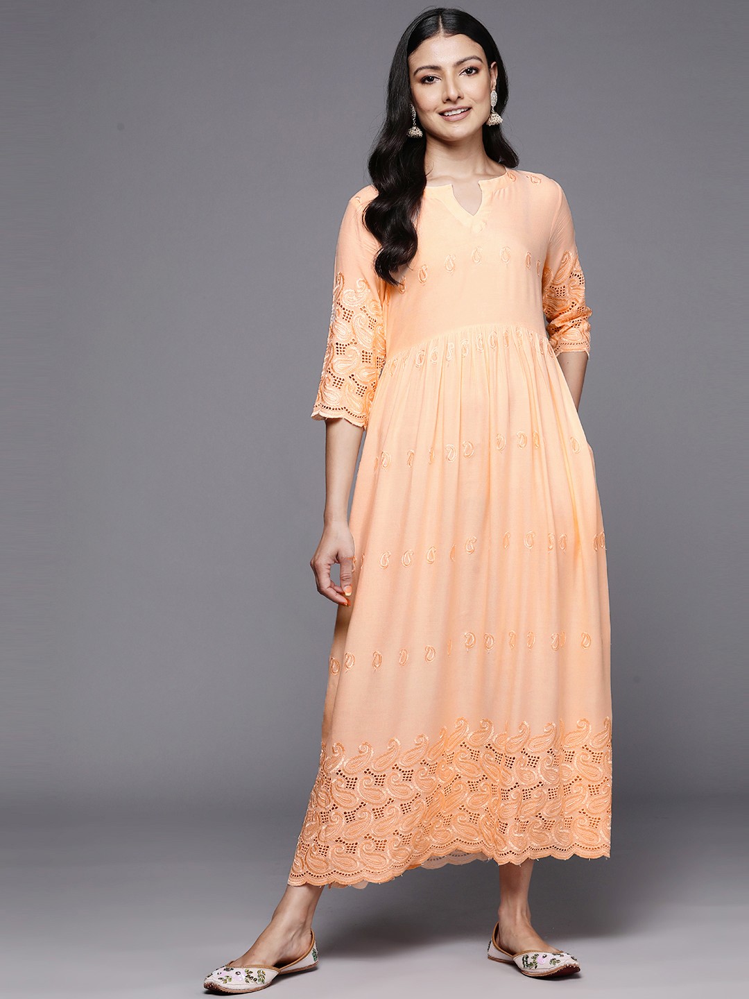 

Libas Ethnic Motifs Embroidered Keyhole Neck Maxi Ethnic Dress, Peach