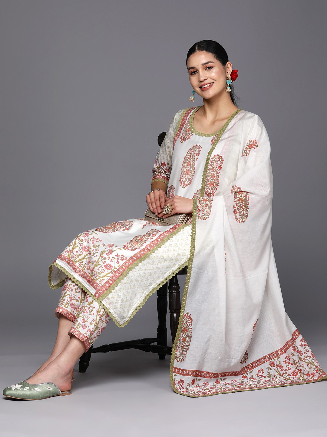 

Libas Paisley Printed Chanderi Silk Kurta With Trousers & With Dupatta, Off white
