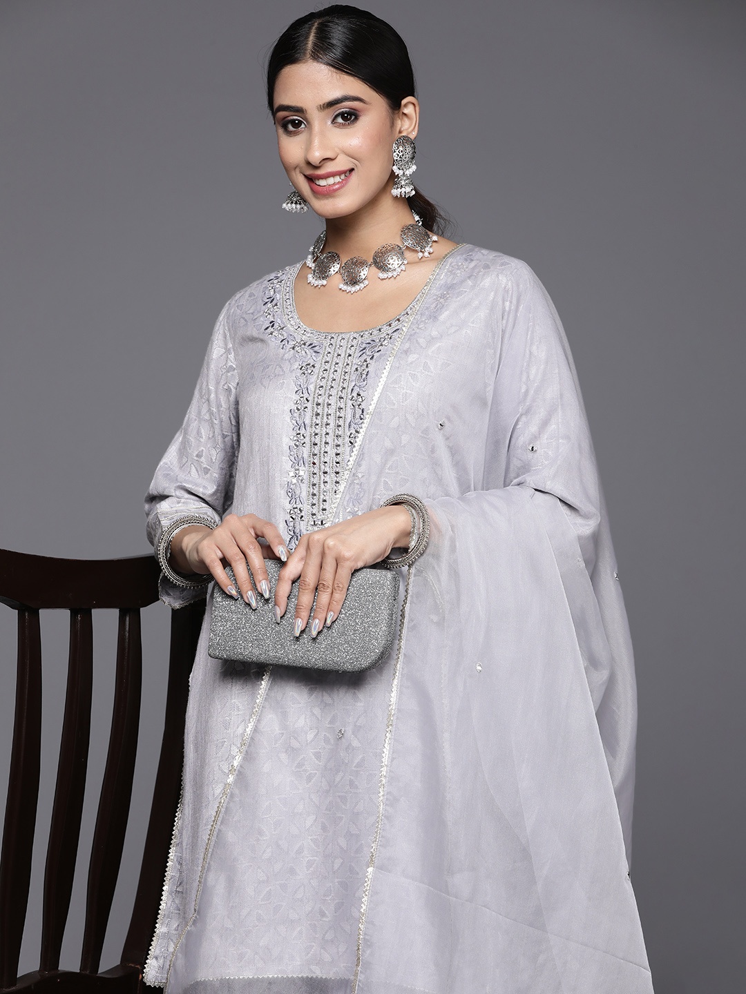 

Libas Yoke Design Mirror Work Kurta With Sharara & With Dupatta, Grey
