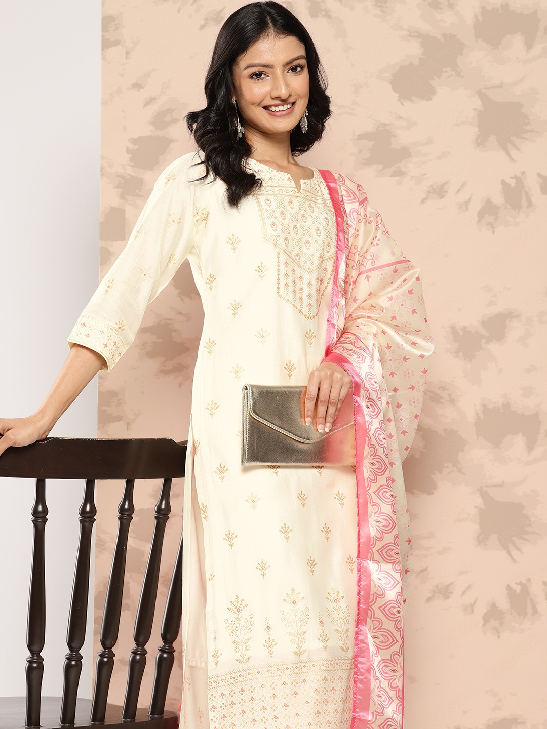 

Libas Floral Printed Chanderi Silk Kurta With Trousers & Dupatta, Cream
