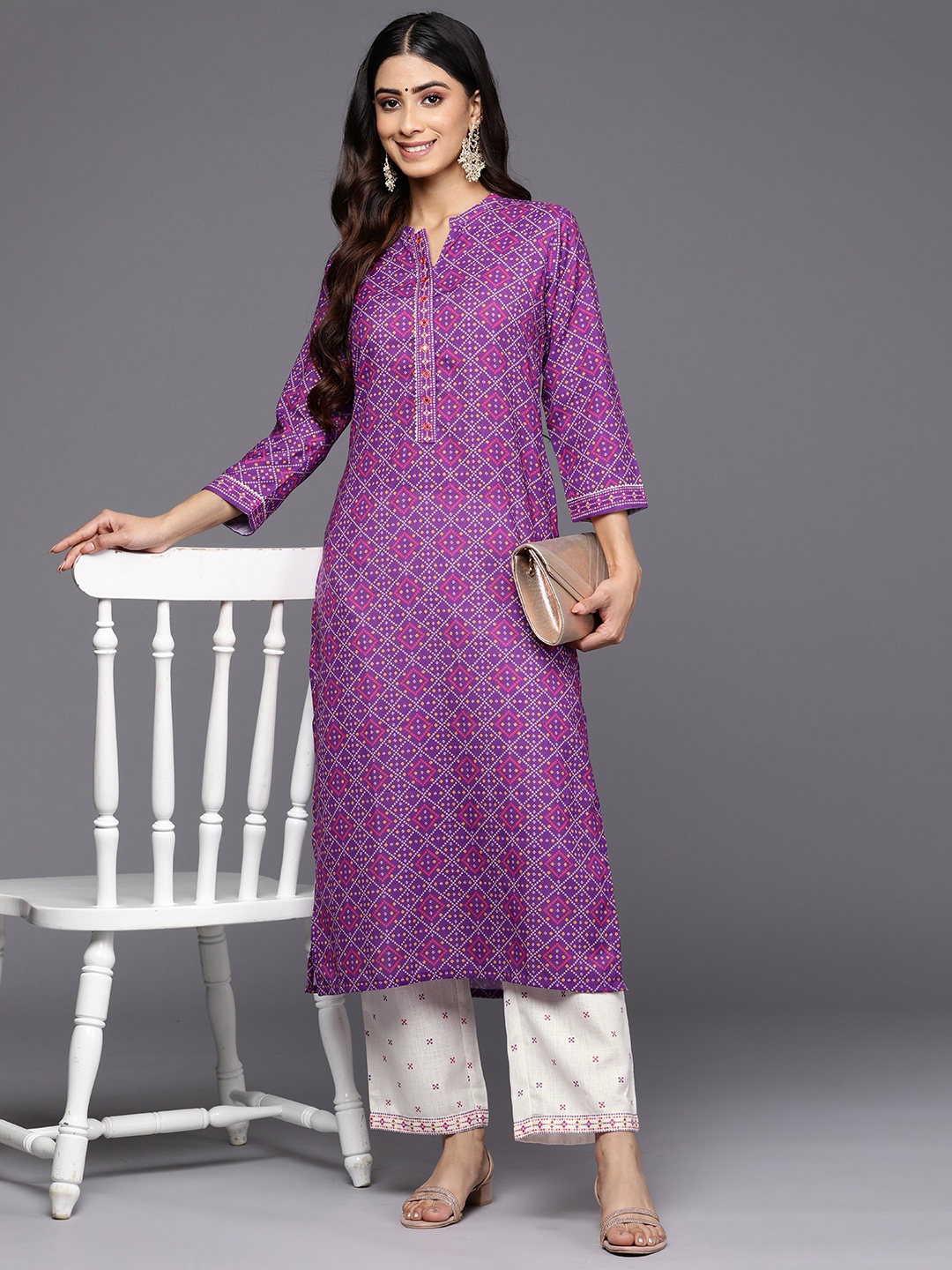 

Libas Bandhani Printed Mirror Work Kurta With Trousers, Purple