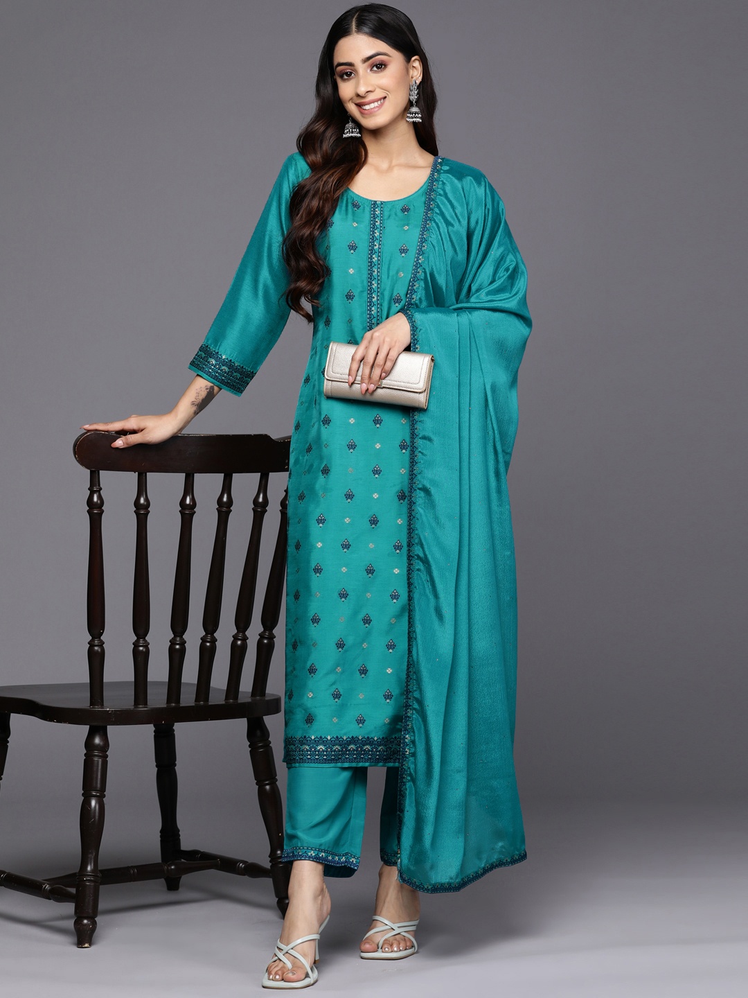 

Libas Women Turquoise Blue Ethnic Motifs Kurta with Trousers & With Dupatta