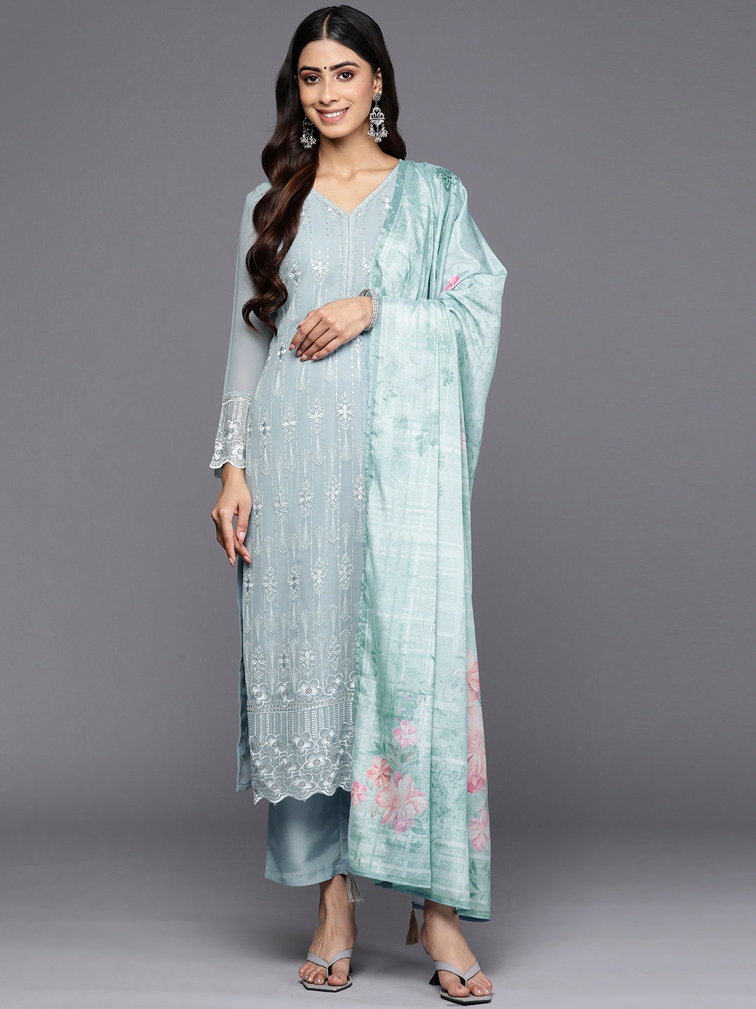 

Libas Floral Embroidered Thread Work Kurta With Trousers & Dupatta, Blue