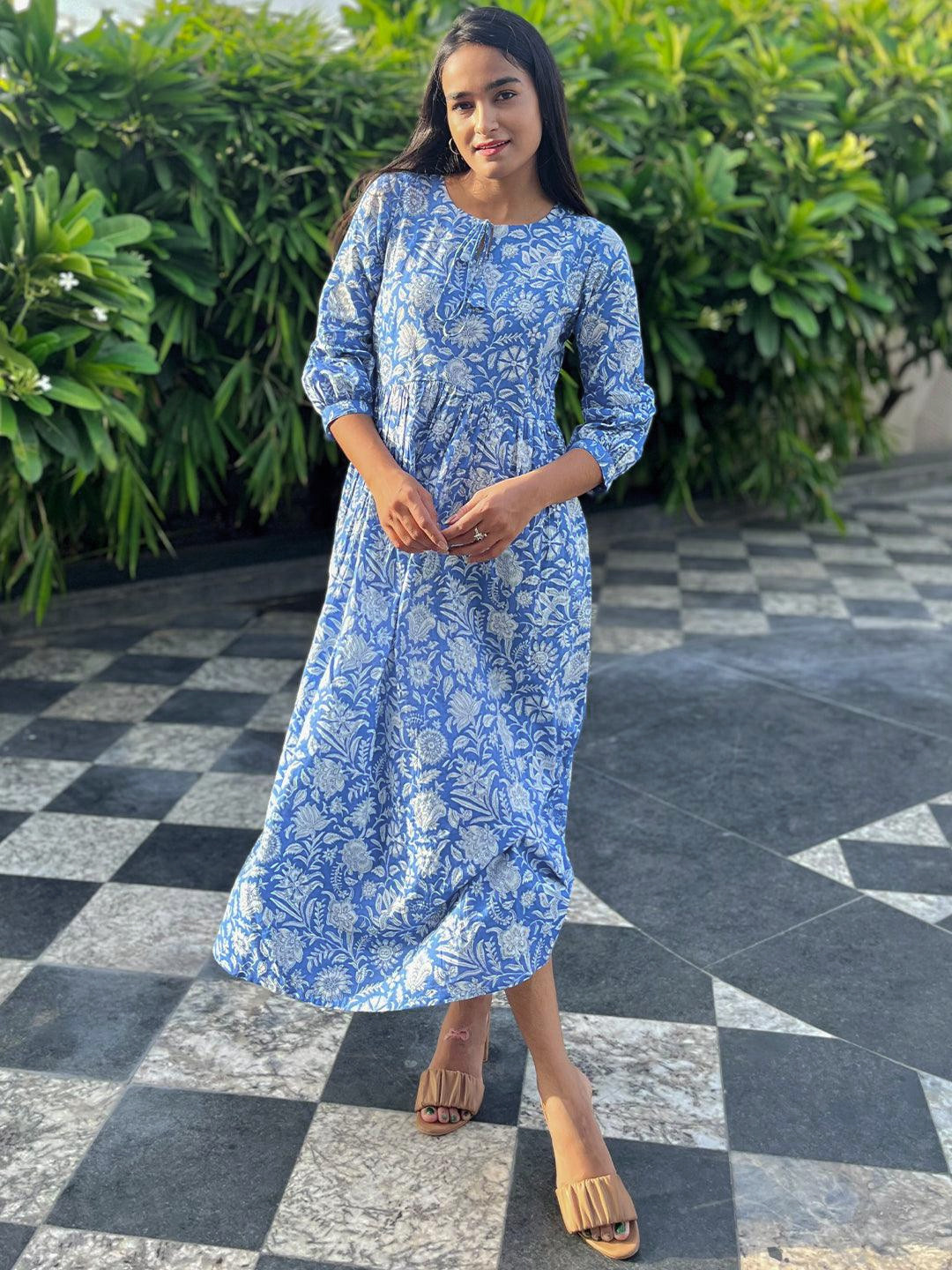 

Libas Floral Tie-Up Neck Midi Ethnic Dress, Blue