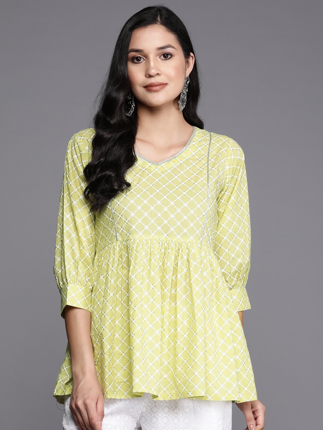 

Libas Geometric Printed V-Neck Gotta Patti Pure Cotton Empire Kurti, Green