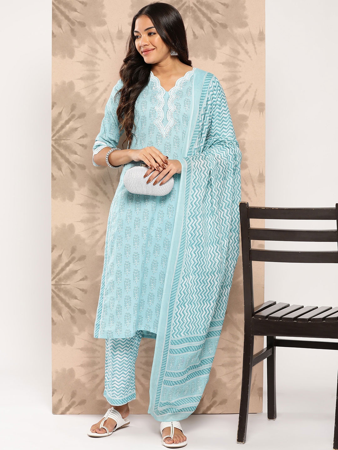 

Libas Floral Embroidered Thread Work Pure Cotton Kurta With Trousers & Dupatta, Blue