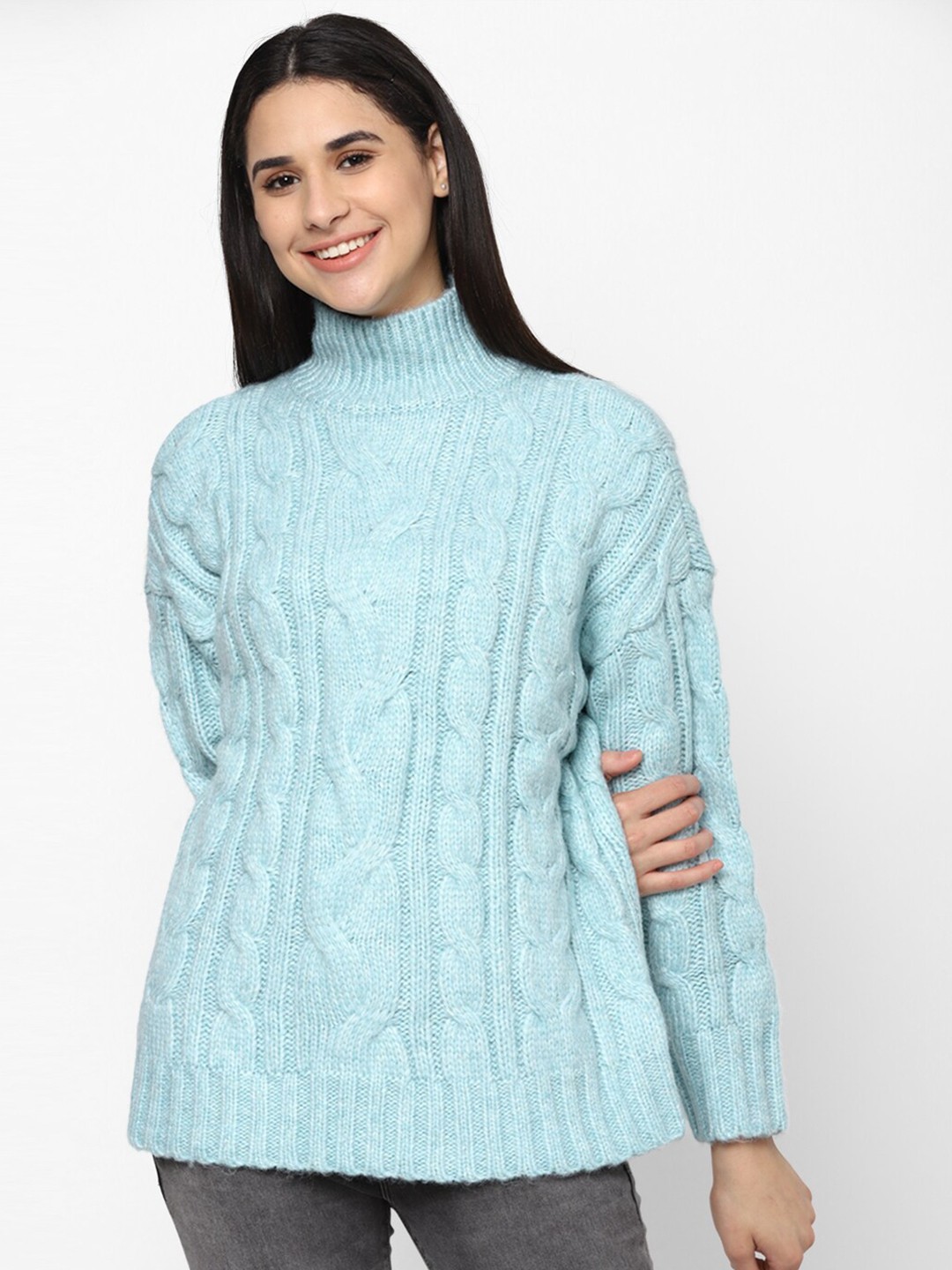 

AMERICAN EAGLE OUTFITTERS Cable Knit Longline Pullover Sweater, Turquoise blue