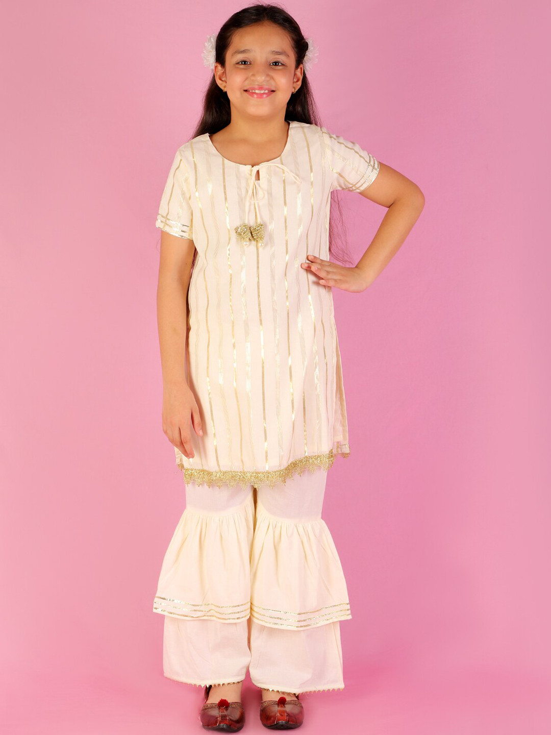 

LIL DRAMA Girls Striped Pure Cotton Kurta With Sharara, Off white