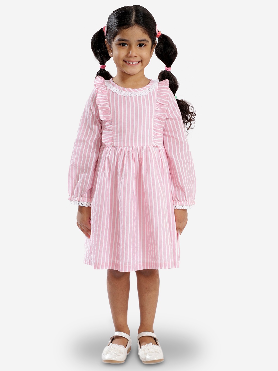 

LIL DRAMA Girls Striped Cotton A-Line Dress, Pink