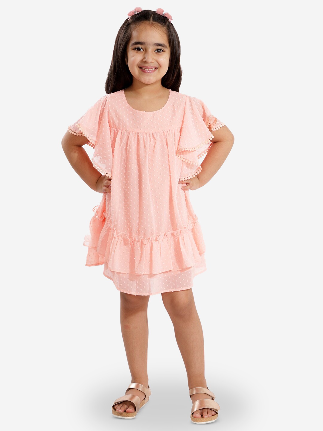 

LIL DRAMA Girls Self Design Dobby Georgette Empire Dress, Peach