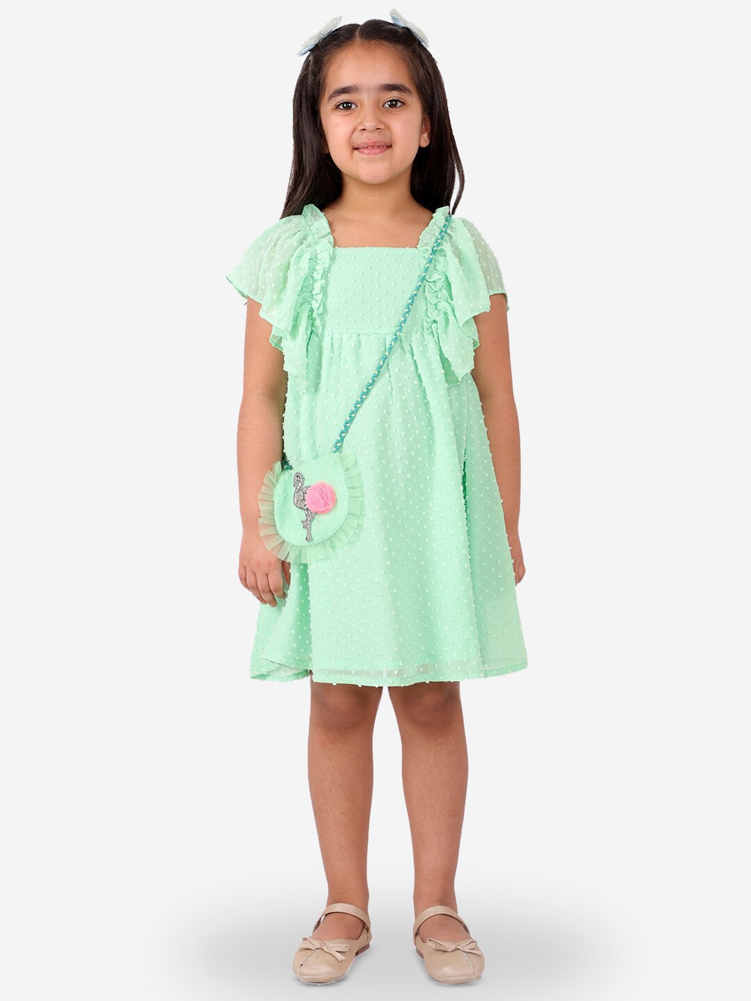 

LIL DRAMA Girls Self Design Georgette A-Line Dress, Green