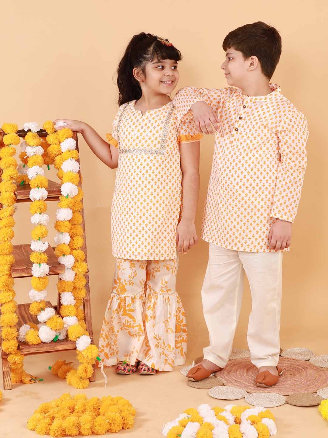 

LIL DRAMA Girls Floral Printed Mirror Work Pure Cotton Kurta with Sharara, Yellow