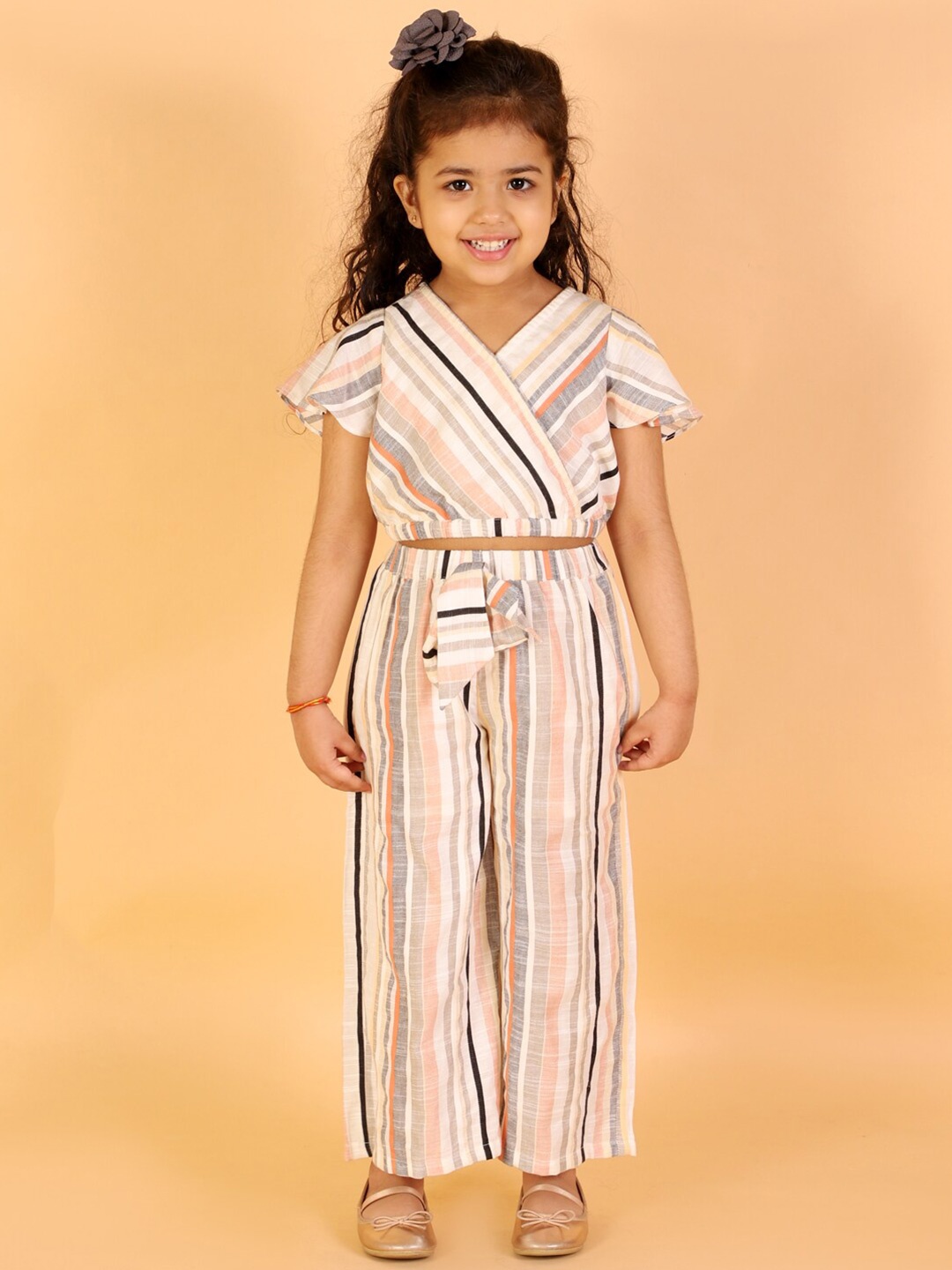 

LIL DRAMA Girls Striped Pure Cotton Top with Palazzos, White