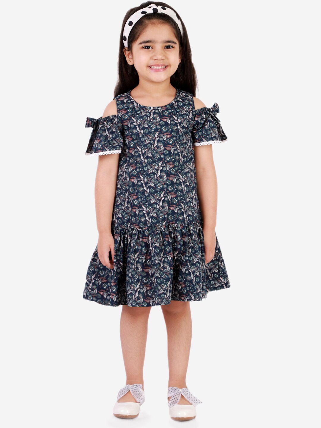 

LIL DRAMA Girls Floral Printed Cold-Shoulder Sleeves Drop-Waist Dress, Navy blue