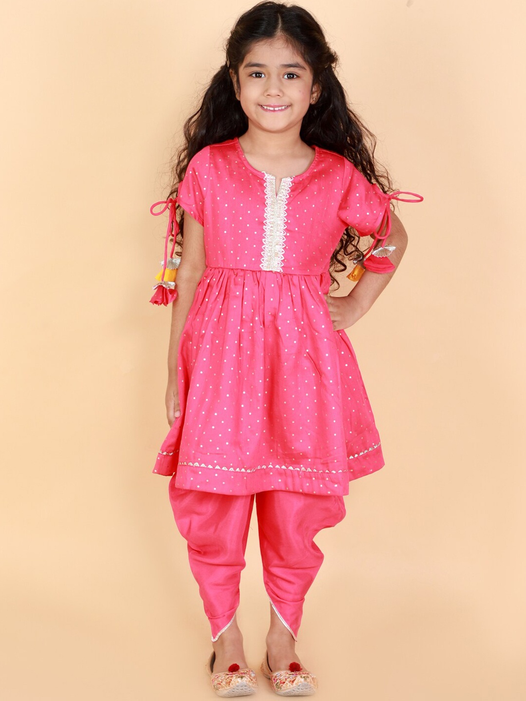 

LIL DRAMA Girls Printed Pure Cotton Kurta with Dhoti Pants Set, Pink