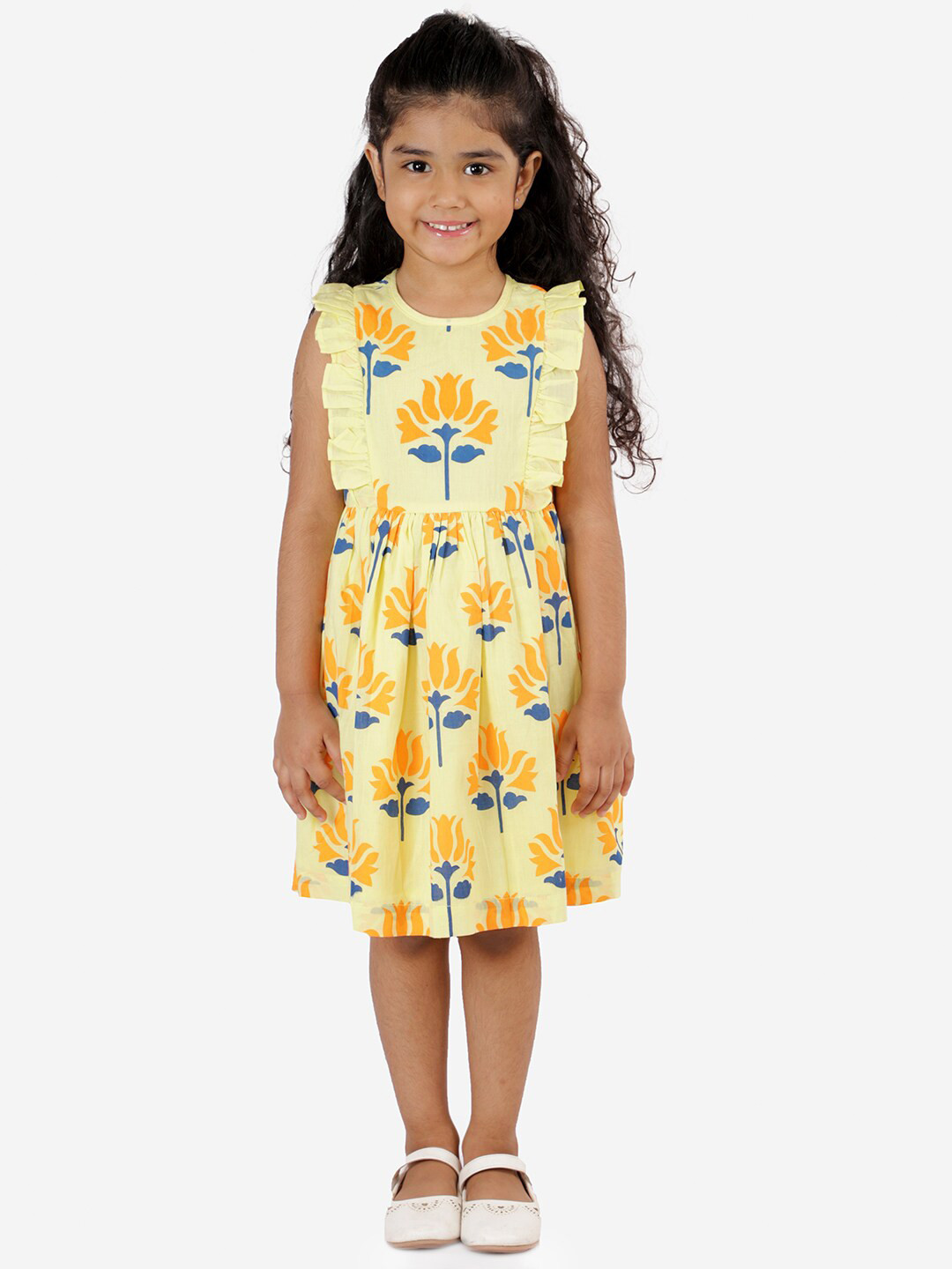 

LIL DRAMA Girls Floral Printed Flutter Sleeves Cotton Dress, Yellow