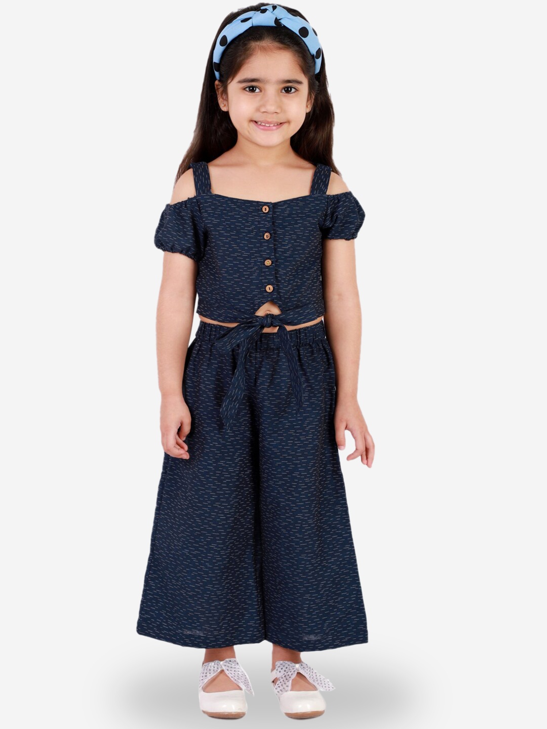 

LIL DRAMA Girls Printed Pure Cotton Top with Palazzo, Navy blue