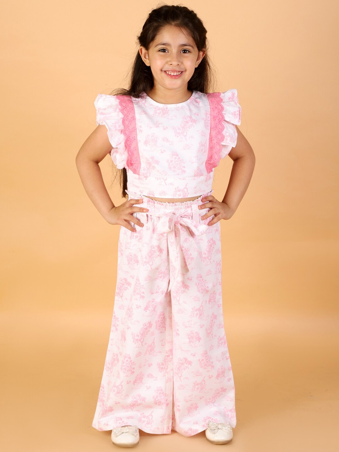

LIL DRAMA Girls Cotton Printed Top with Palazzos, White