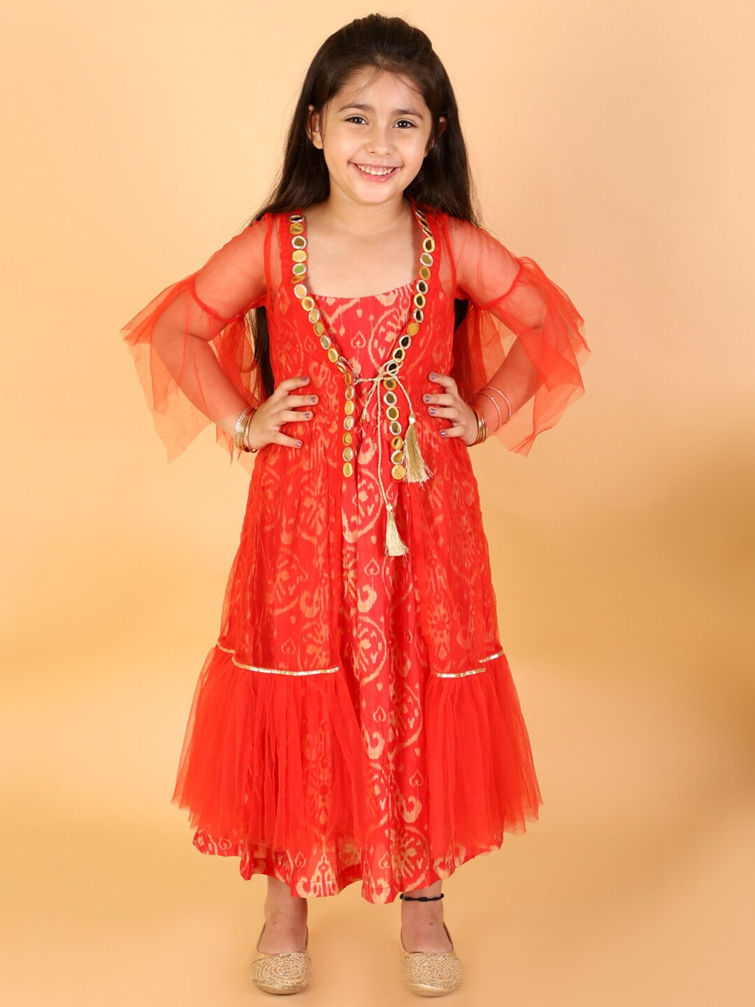 

LIL DRAMA Ethnic Motifs Printed A-Line Midi Dress With Shrug, Red