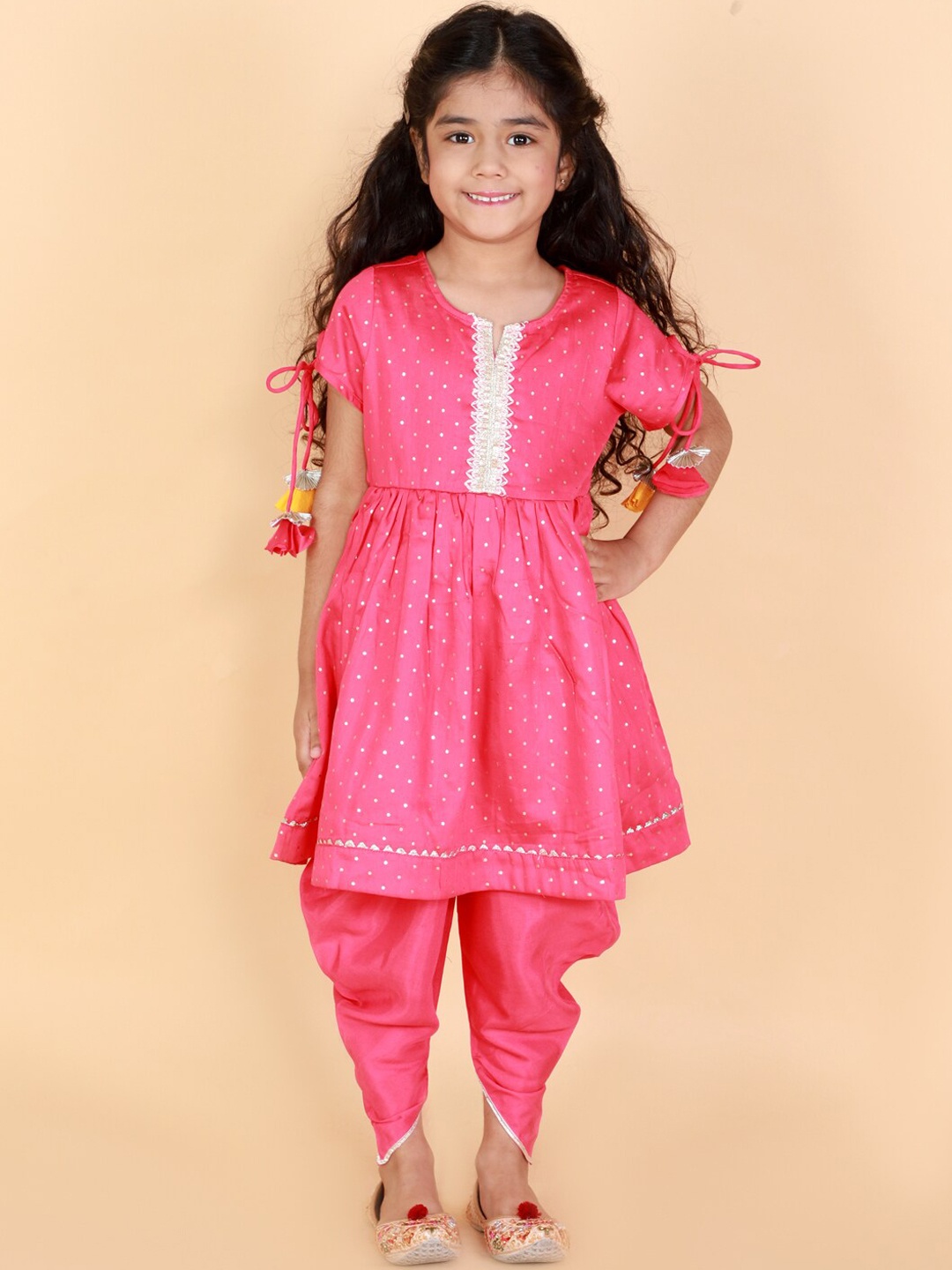 

LIL DRAMA Girls Printed Pure Cotton Kurta with Dhoti Pants, Pink