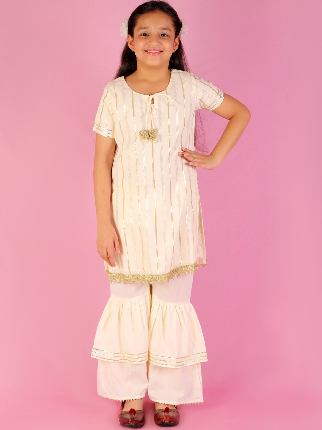 

LIL DRAMA Girls Striped Pure Cotton Kurta with Sharara, Off white