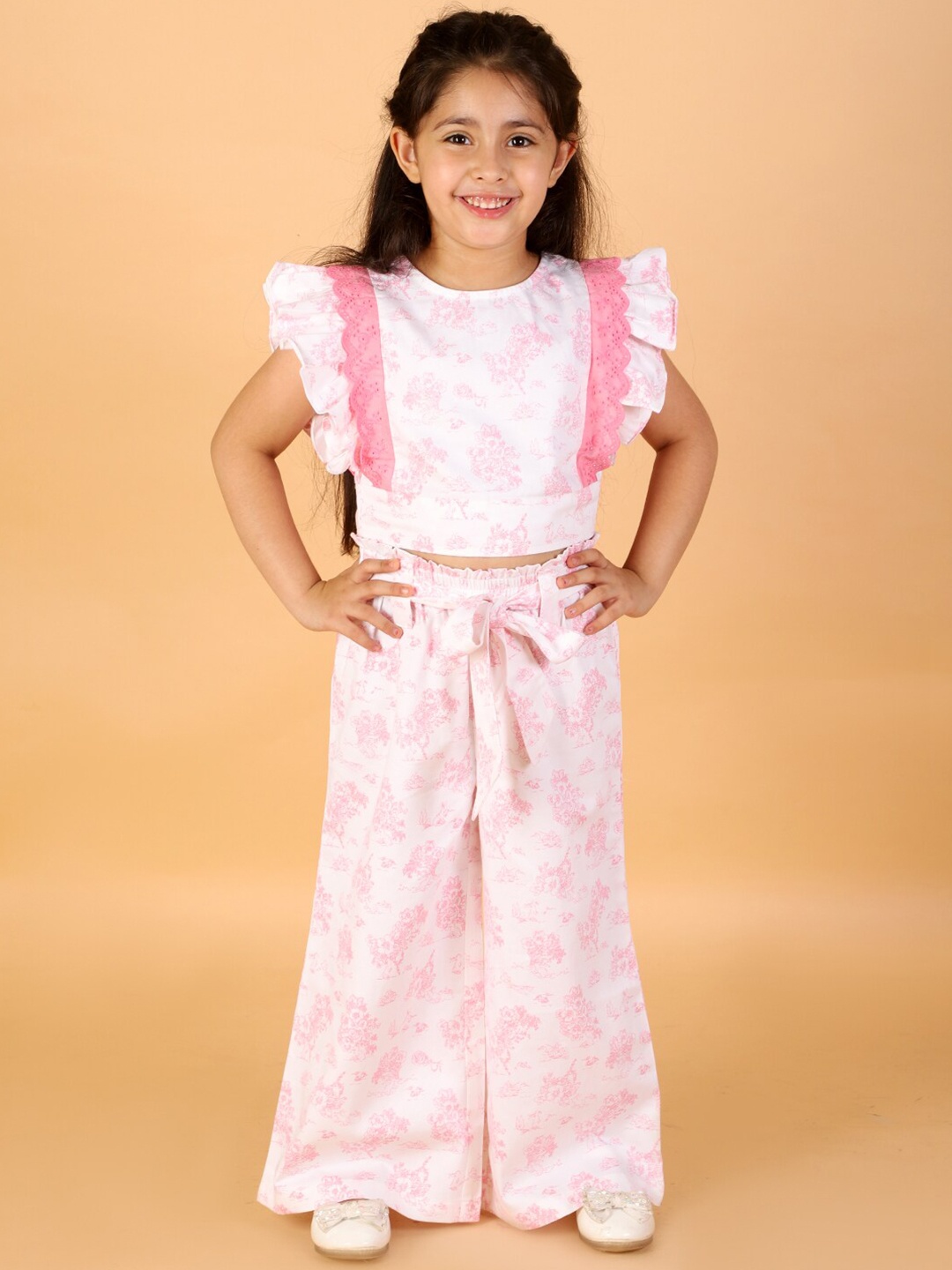 

LIL DRAMA Girls Printed Pure Cotton Top with Palazzos Set, White