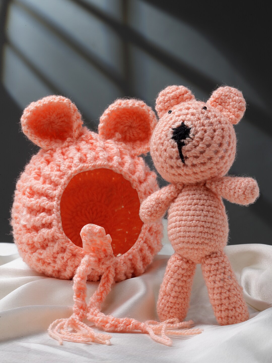 

Babymoon Infants Set of 2 Crochet Bear Cap & Teddy Photoshoot Props, Peach