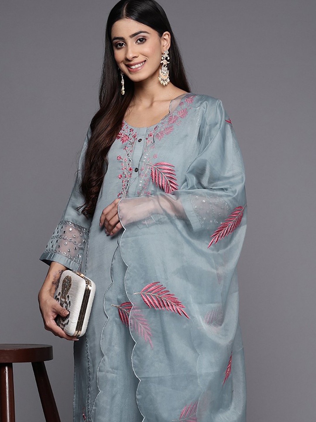 

Varanga Floral Embroidered Mirror Work Kurta with Trousers & Dupatta, Grey