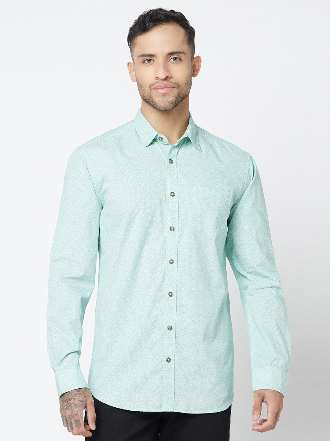 

Blue Buddha Micro Ditsy Printed Cotton Casual Shirt, Green
