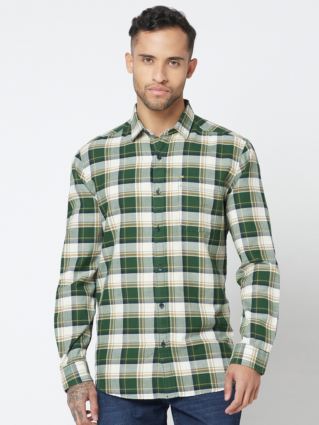

Blue Buddha Checked Regular Fit Cotton Casual Shirt, Olive