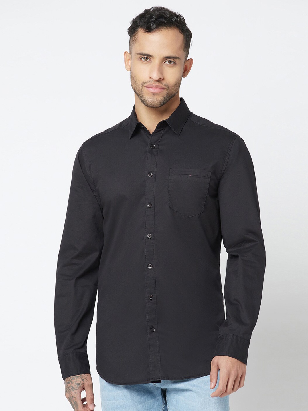 

Blue Buddha Spread Collar Cotton Casual Shirt, Black