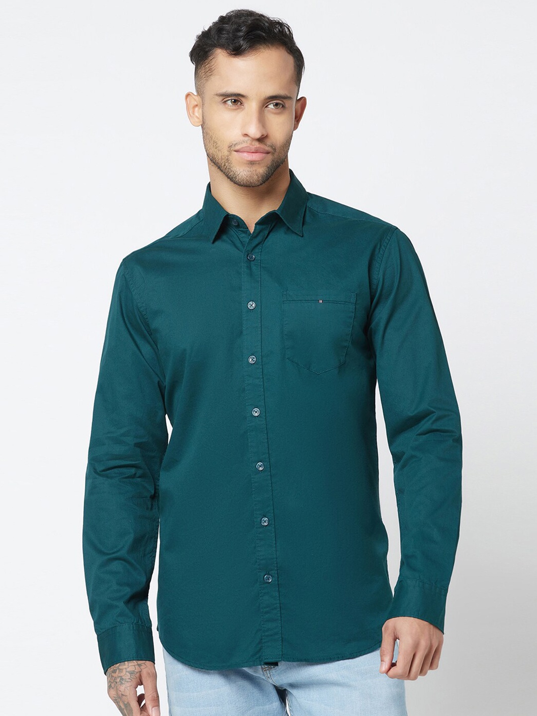 

Blue Buddha Spread Collar Cotton Casual Shirt, Teal