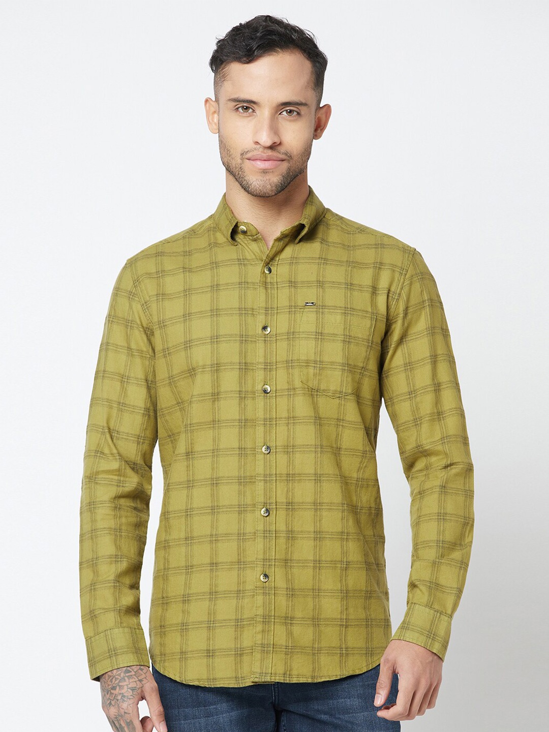 

Blue Buddha Checked Cotton Casual Shirt, Olive