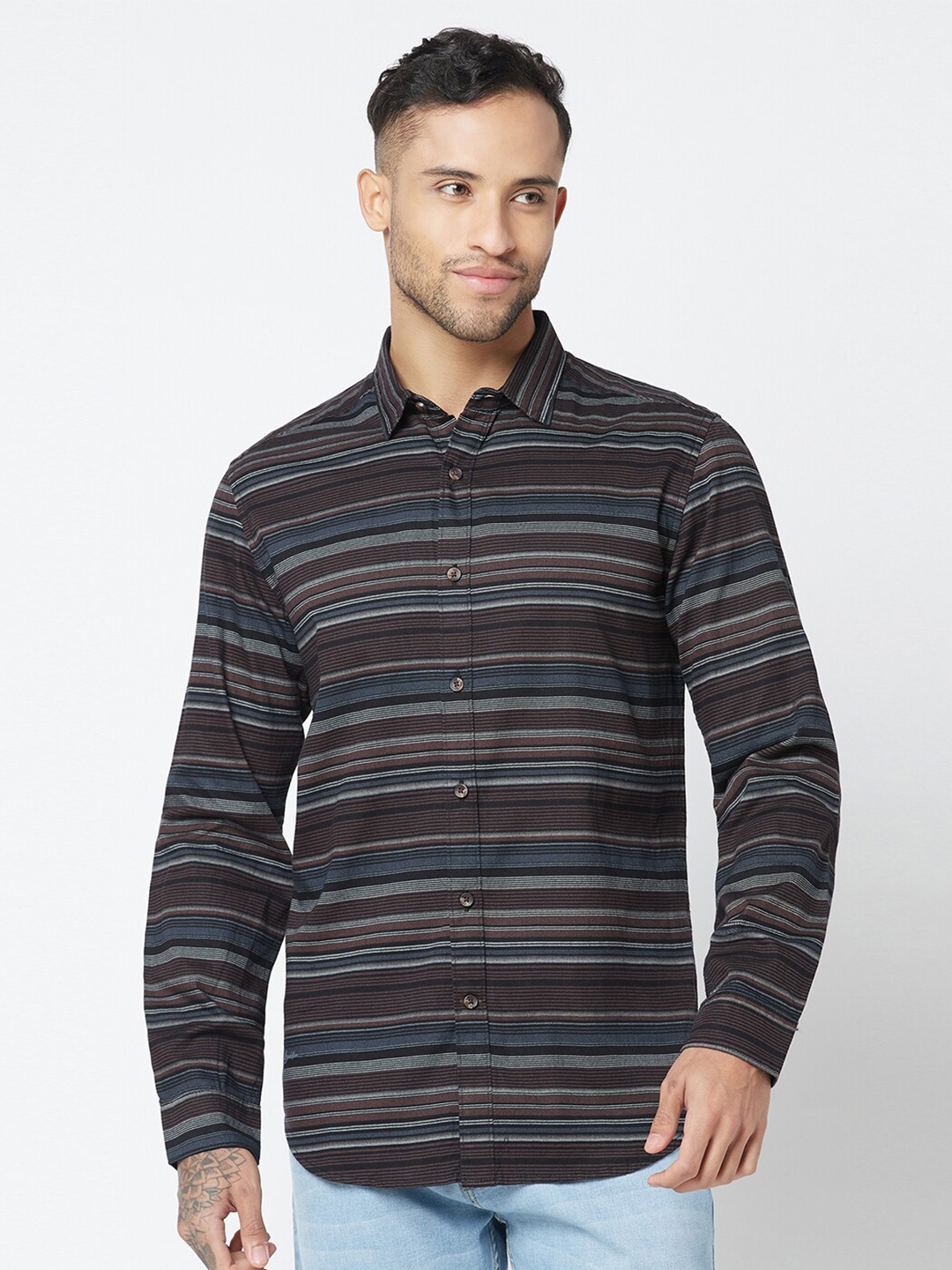 

Blue Buddha Horizontal Stripes Cotton Casual Shirt, Brown