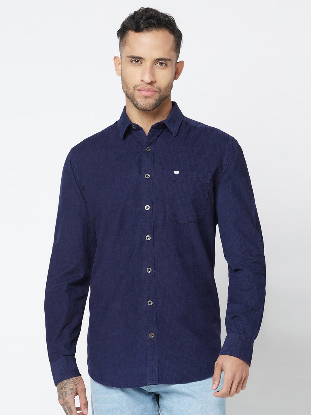 

Blue Buddha Patch Pocket Casual Pinstripes Cotton Shirt, Navy blue