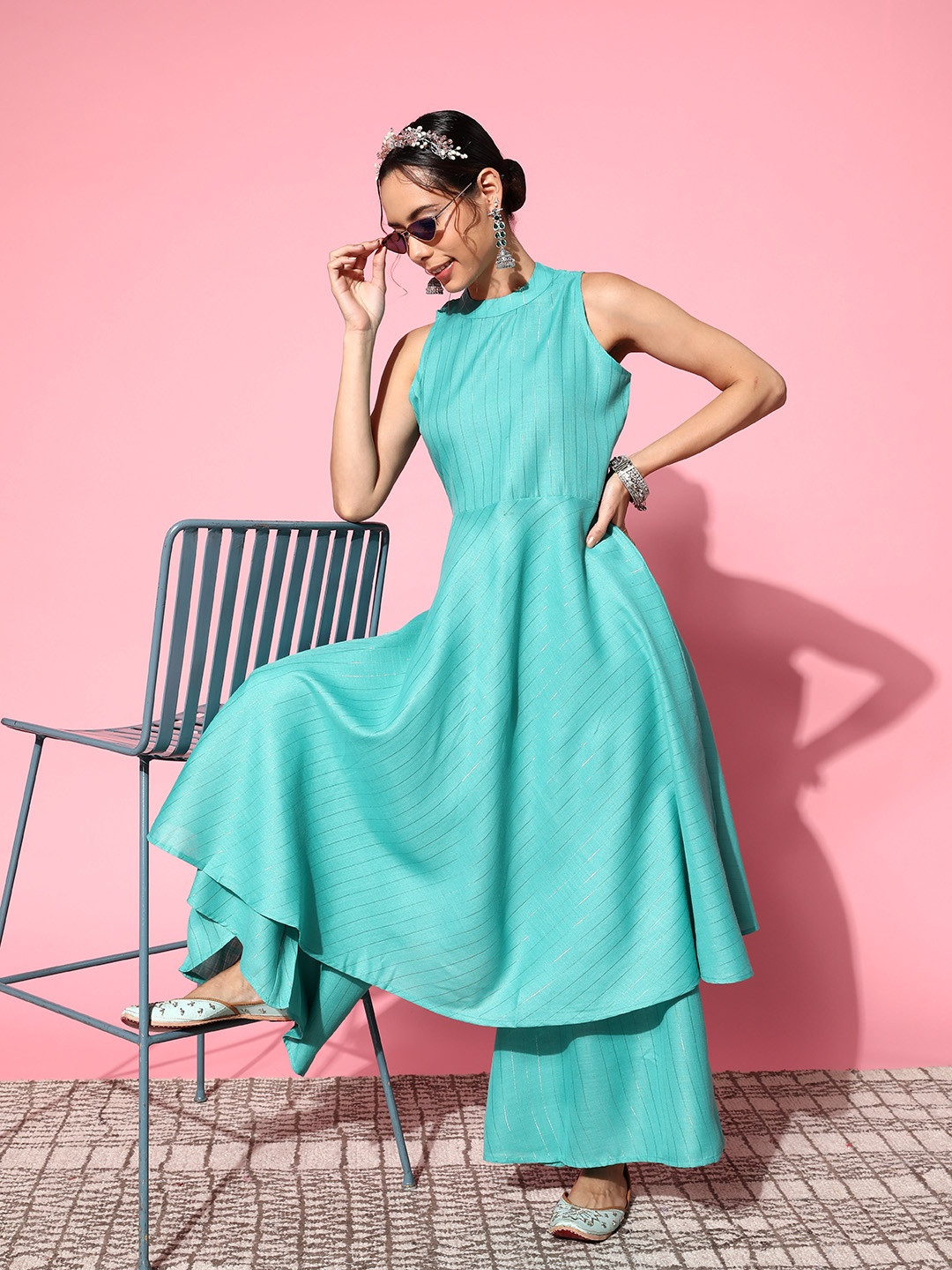 

InWeave Striped Kurta with Palazzos, Turquoise blue