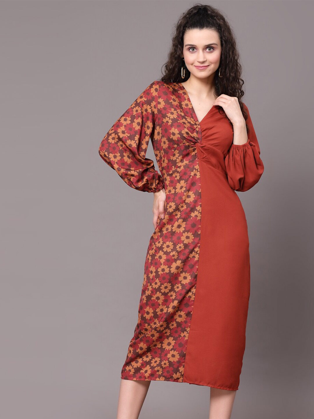 

KASSUALLY Puff Sleeves Floral Sheath Dress, Rust