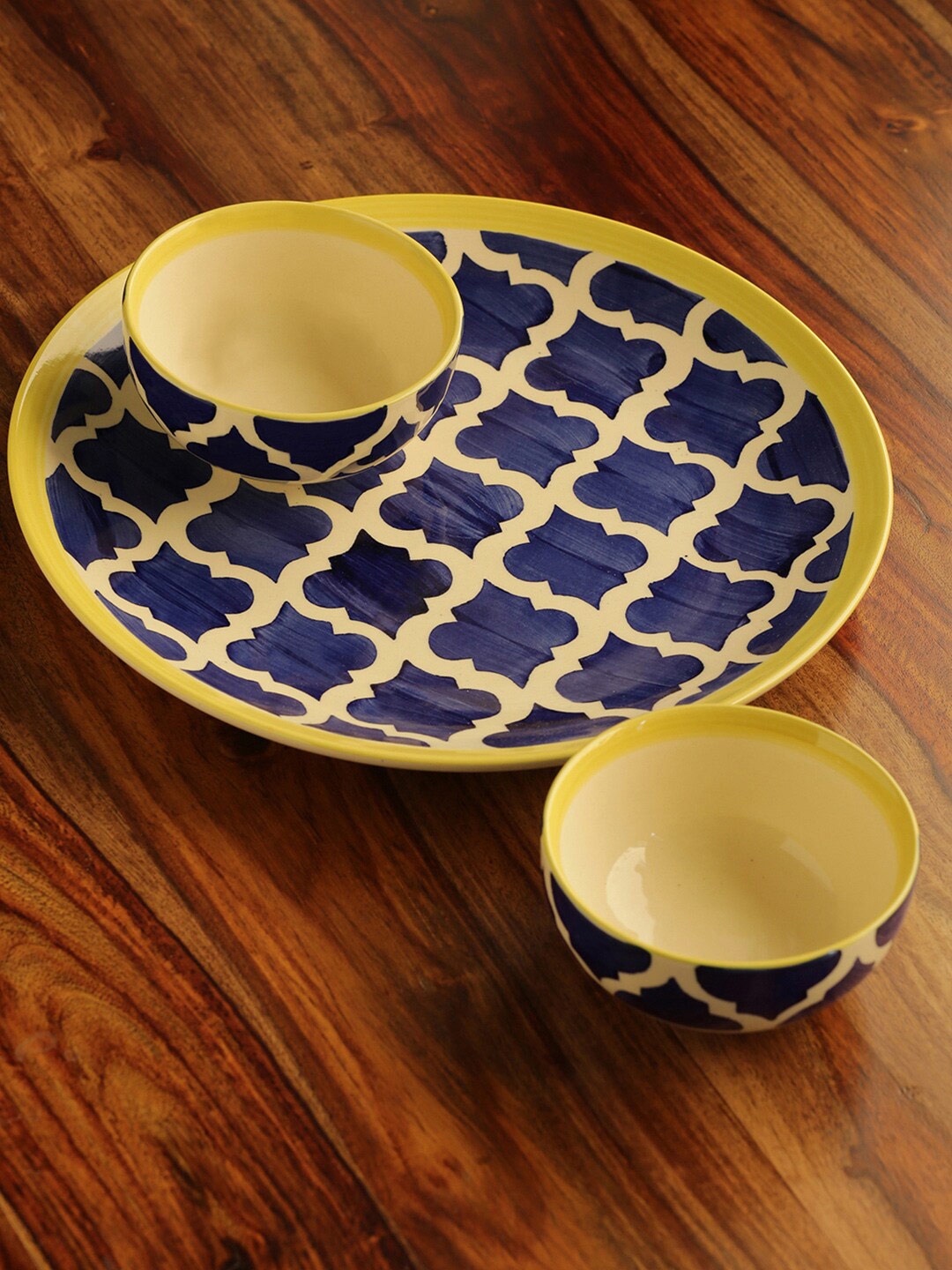 

ExclusiveLane Moroccan Blue & Yellow 3 Pcs Printed Ceramic Glossy Dinner Set