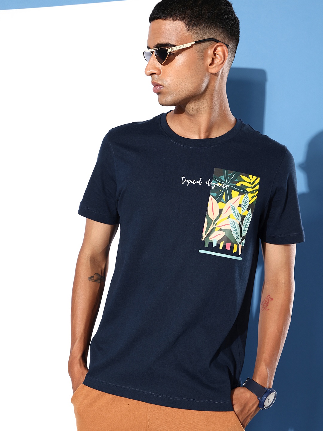 

Mast & Harbour Tropical Printed Pure Cotton Casual T-shirt, Navy blue