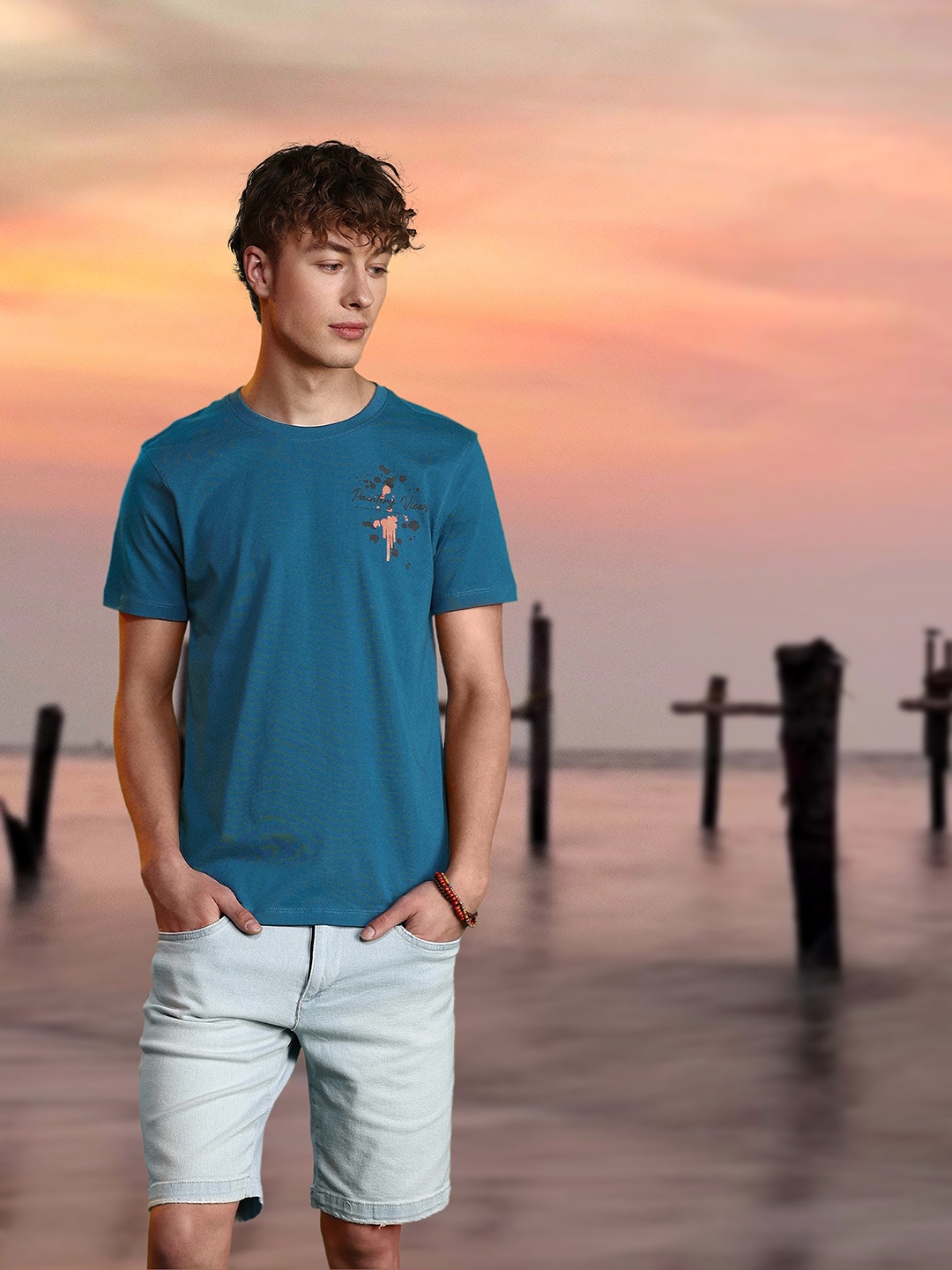 

Mast & Harbour Graphic Printed Pure Cotton Casual T-shirt, Teal