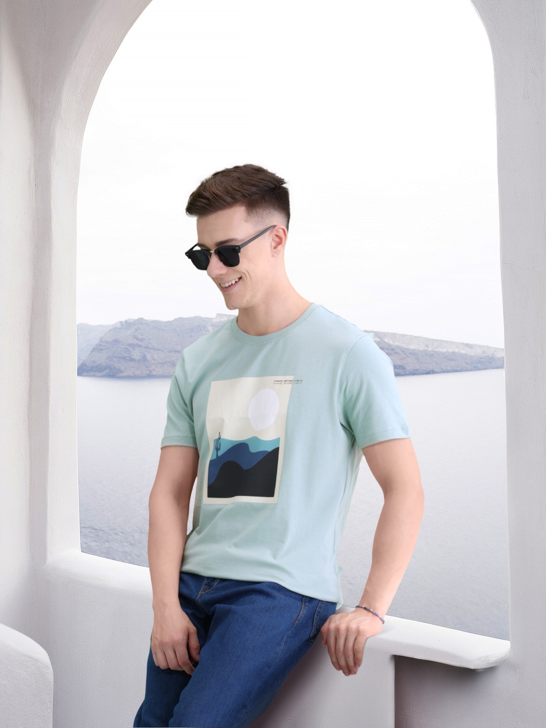 

Mast & Harbour Graphic Printed Pure Cotton T-shirt, Blue