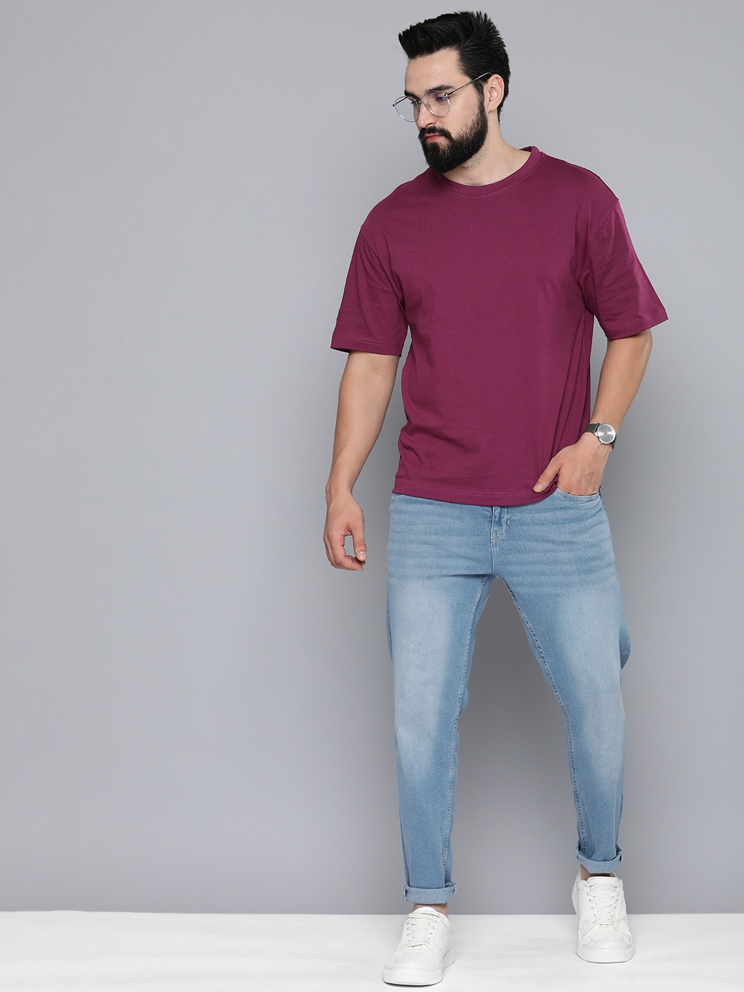 

Mast & Harbour Drop-Shoulder Sleeves Pure Cotton T-shirt, Purple